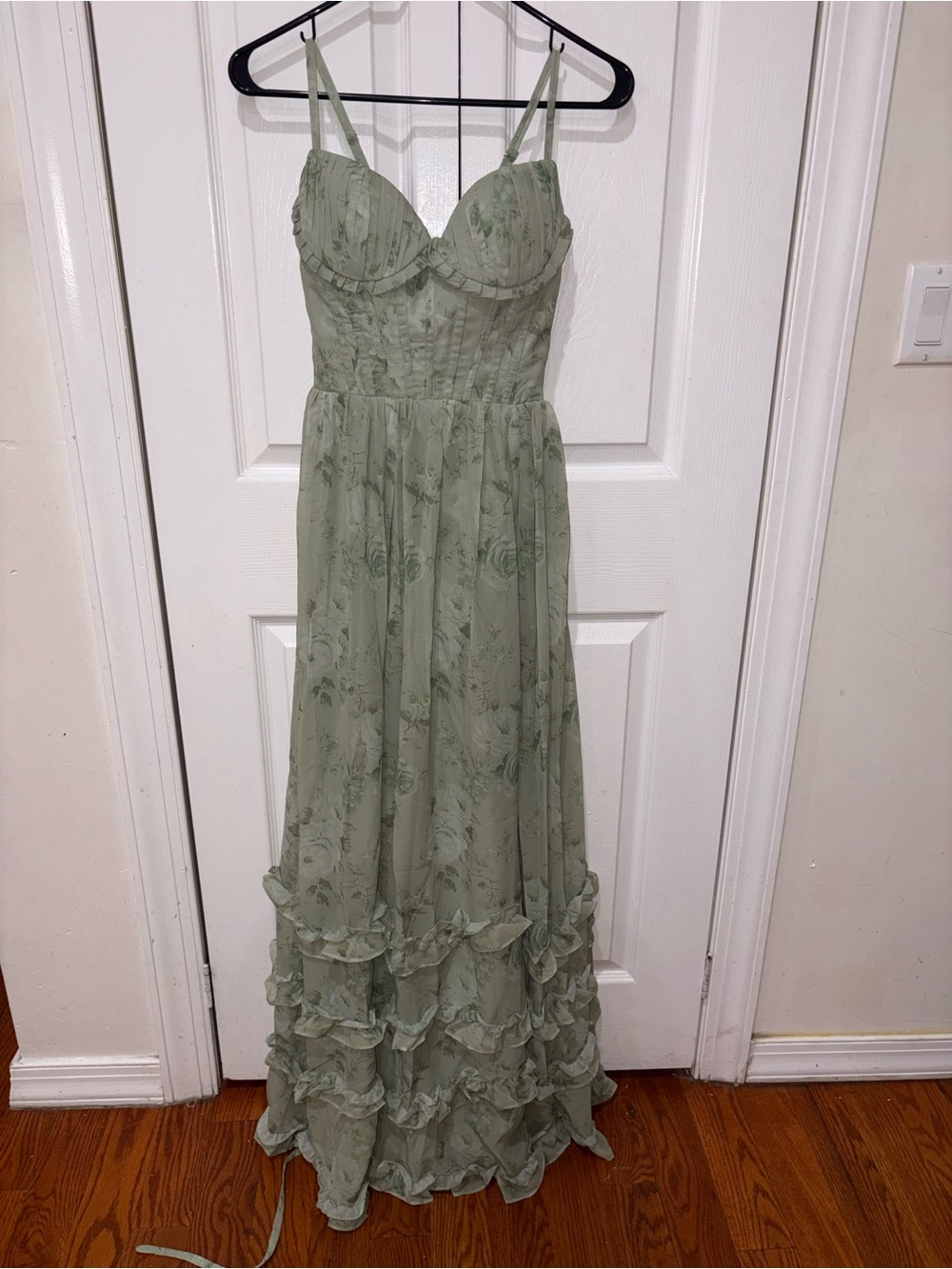 Elegant Sage Green Ruffled Maxi Dress - Picture 2 of 5
